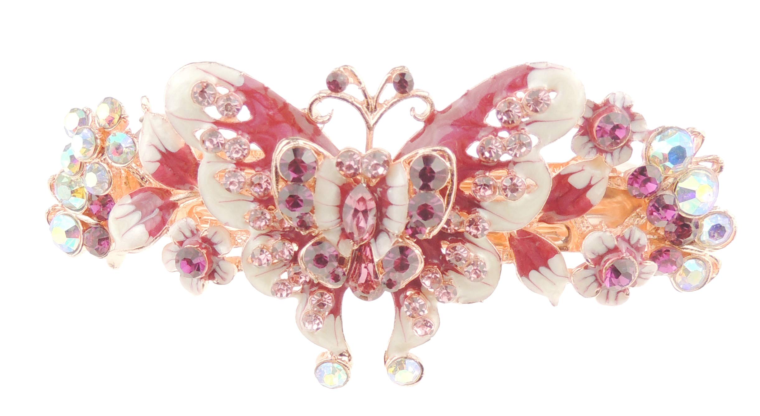 Womens Girls Crystal Rhinestone Diamante Wedding Birthday Party Evening Ponytail Fine Medium Thick Hair Barrette Hairpin Grip French Spring Clip Enamel Butterfly Flower (Dark Pink)