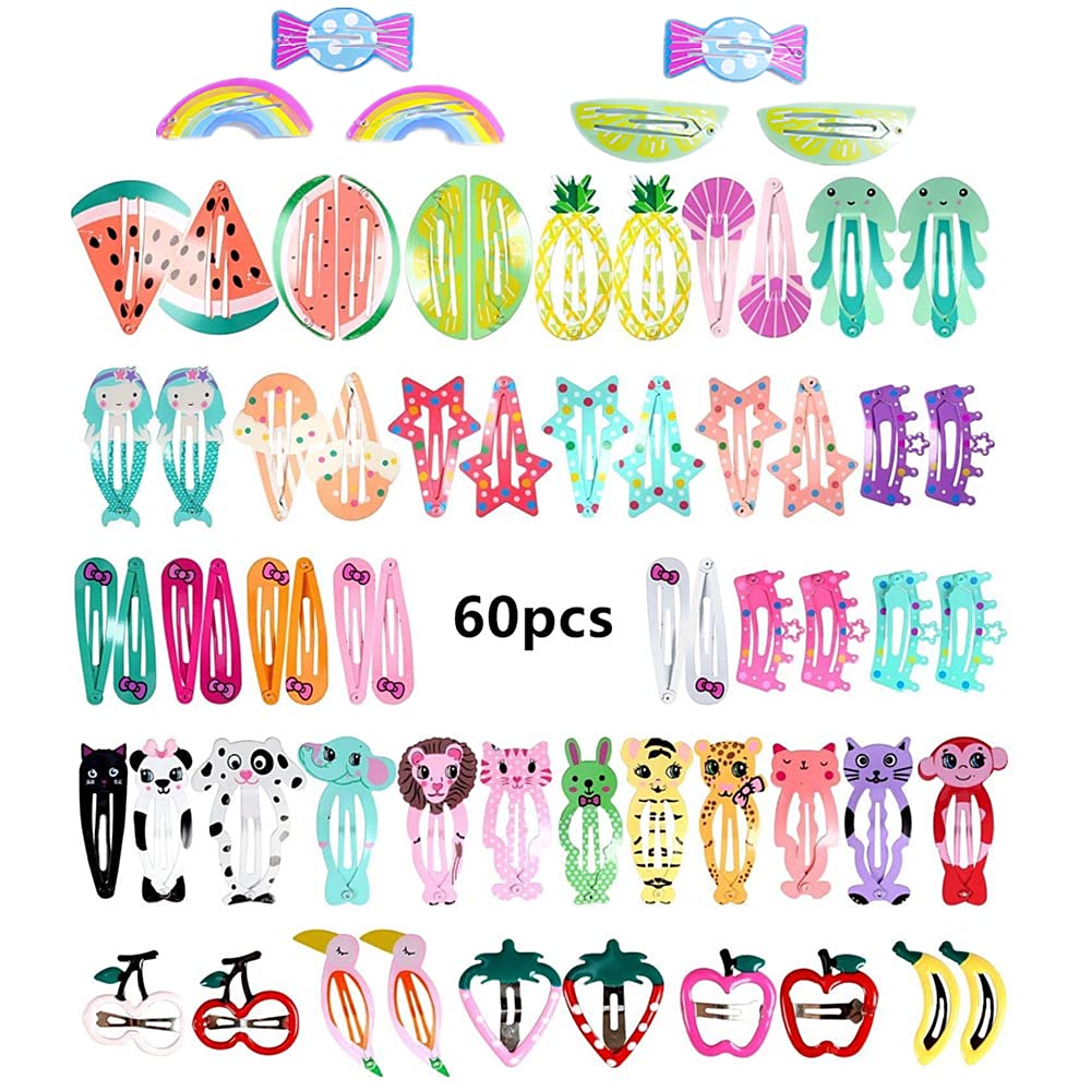 Voarge Pack of 60 6 cm Hair Clips Girls Hair Clips, Metal Print Hair Clips for Girls Children, Cute Hair Clips in Candy Colour for Birthday Party, Random Style Colour
