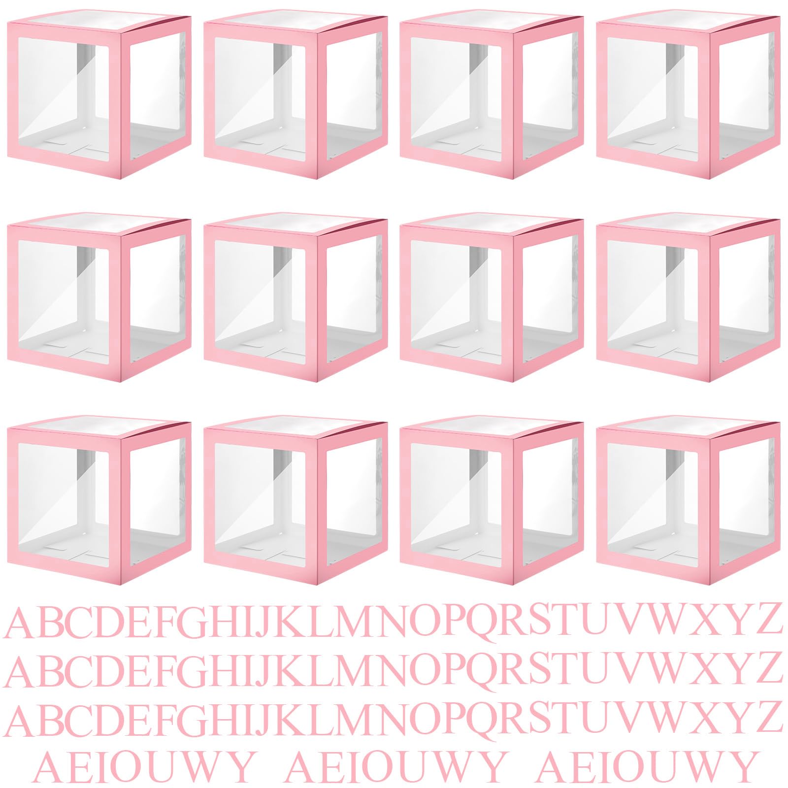 Photo 1 of Thyle 12 Pcs Transparent Balloon Boxes Clear Balloon Boxes with 99 Letters for Baby Shower Gender Reveal Grad Birthday Party Bridal Wedding Anniversary Backdrop Decoration (Pink)