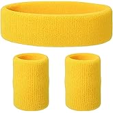 3 Pack Neon Sweatbands Set, Yellow Headband 80s 90s Wristband and Headband Outfits for Women Sports Yellow Sweat Bands for Glow Party, Halloween Costume (1 Headbands + 2 Wristbands)