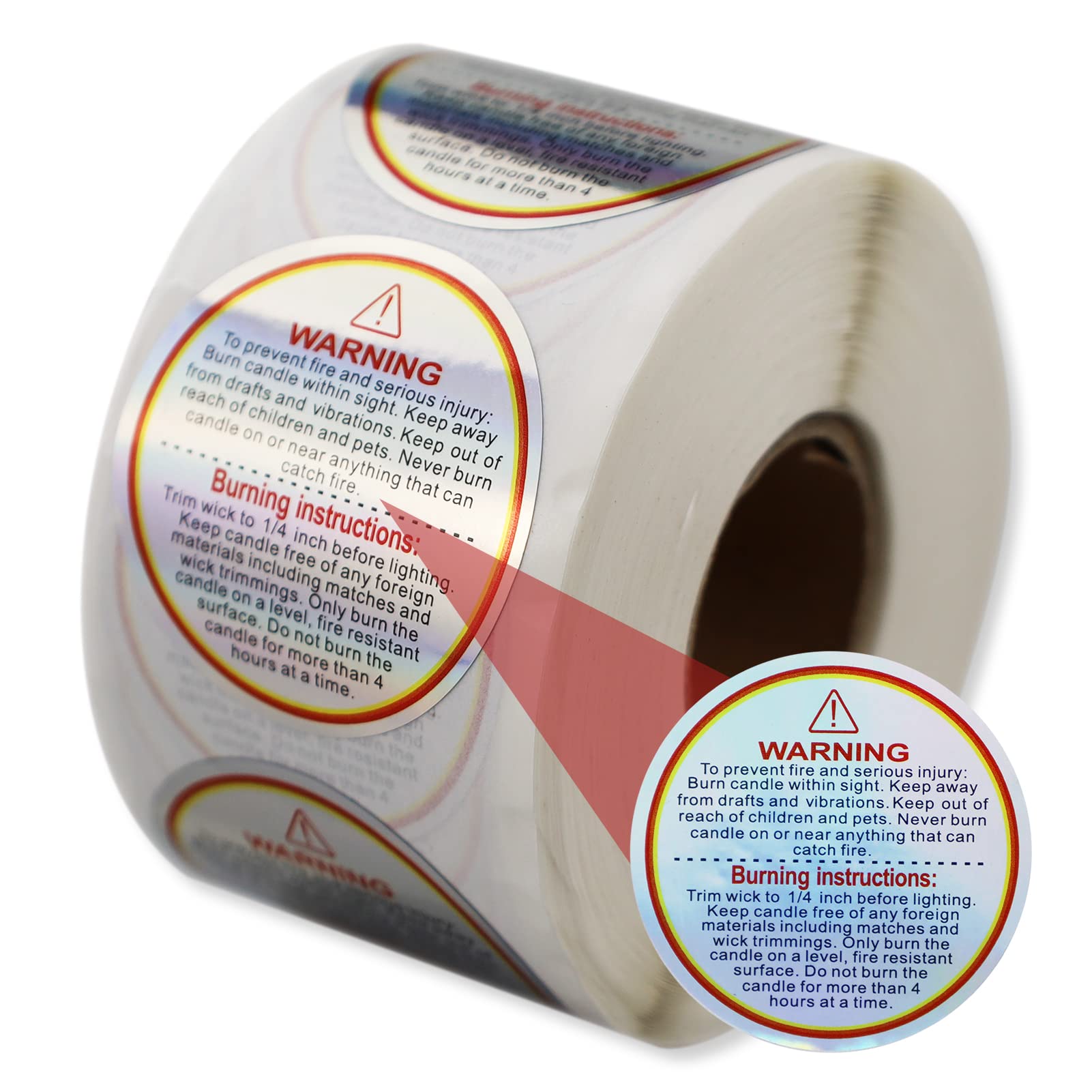 REBECASKYENS 500Pcs Holographic Candle Warning Labels, Jar Container Stickers, Round Wax Melting Safety Labels Stickers,for Candle Jars Tins Containers Candle Making Supplies