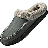 WOTTE Mens Moccasin Slippers Faux Leather Fleece Memory Foam Slip On House Shoes for Indoor and Outdoor