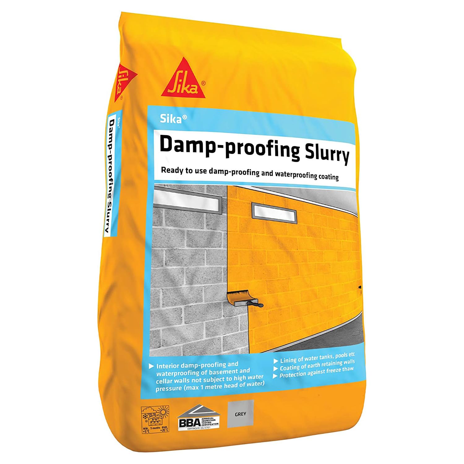 Sika – Damp Proofing Slurry – Waterproof – Adjustable Consistency – Interior and Exterior Applications – Grey – 25kg
