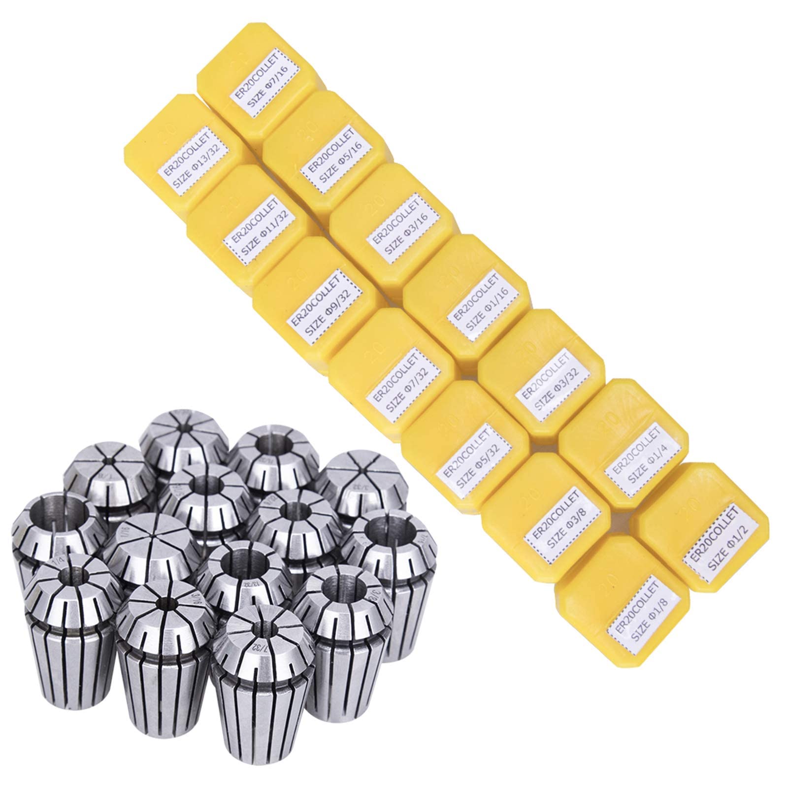 SILIVN 14pcs ER20 Spring Collet Set for CNC Engraving Machine and Milling Lathe Tool Workholding Engraving Collets (1/16",3/32",1/8",5/32",3/16",7/32",1/4",9/32",5/16",11/32",3/8",13/32",7/16",1/2")