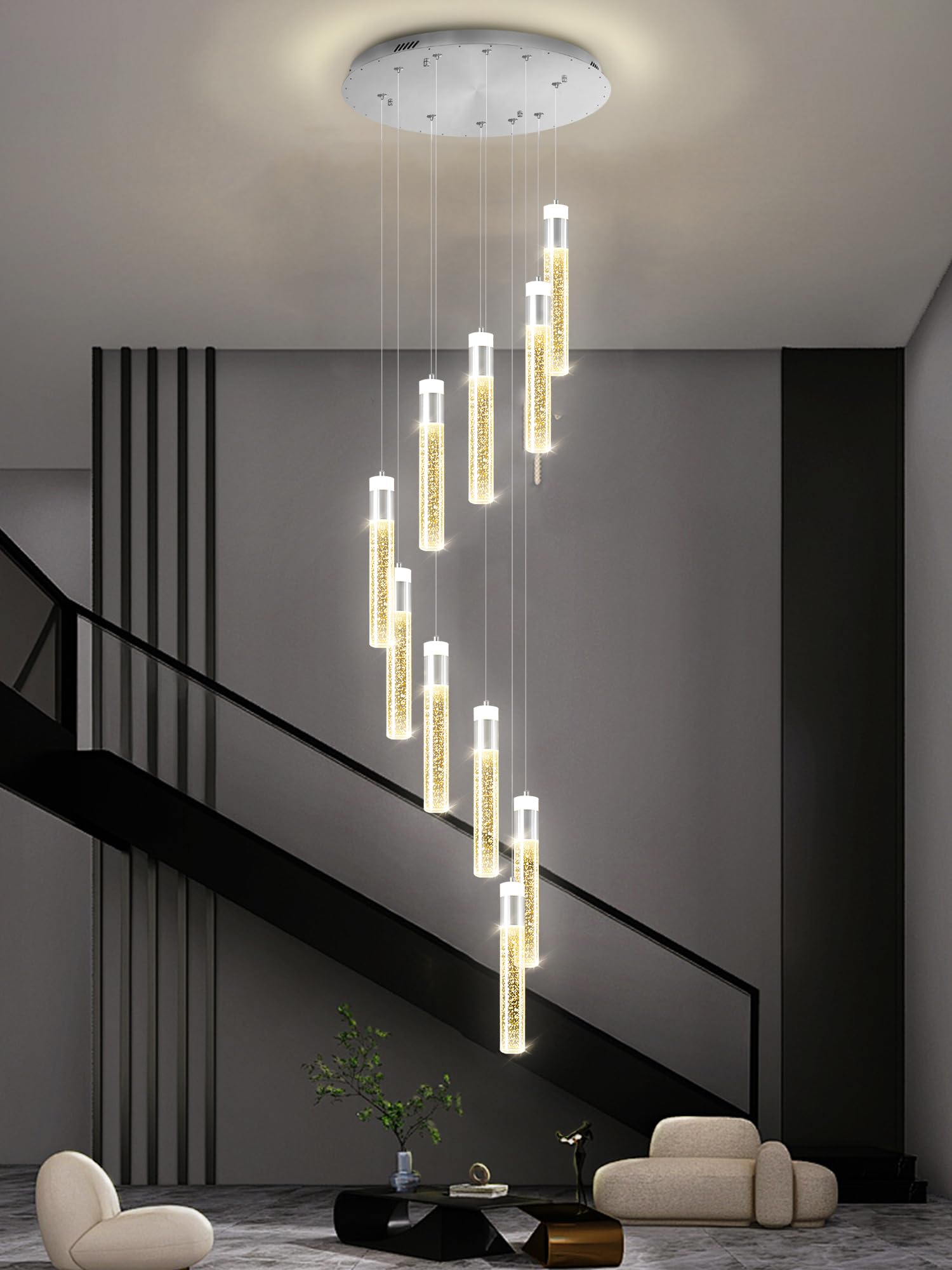 Photo 1 of IDEQUY Crystal Bubble Column Chandeliers 110in Long Spiral Crystal Chandelier for High Ceiling Modern LED Foyer Ceiling Chandelier Dimmable 3000-6000K 10-Lights Silver
