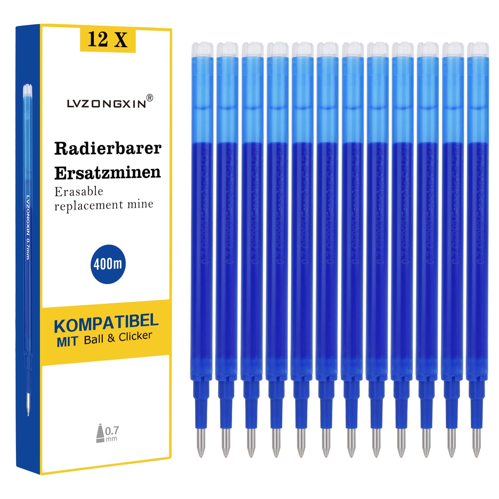 LVZONGXIN Pack of 12 Rollerball Pen Refills, Compatible with Pilot Frixion, Blue, 0.7 mm, 400 m Writing Length