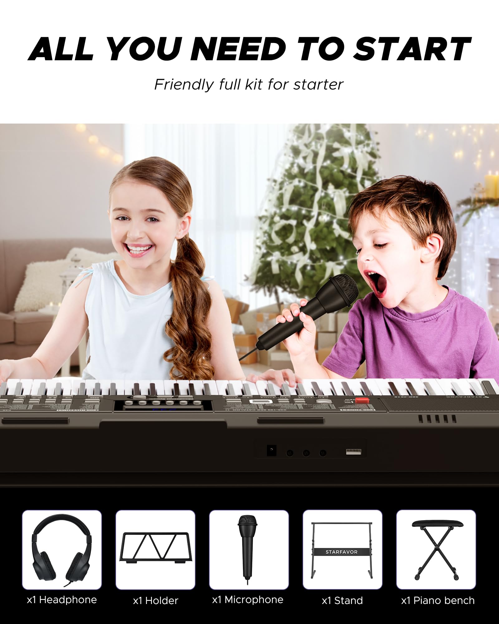 Starfavor 61 Key Portable Electric Keyboard Electronic Piano Music for Beginners Adults Kids, include Z-style Stand, Stool, Power Supply, Microphone, Headphone (SEK-461S)
