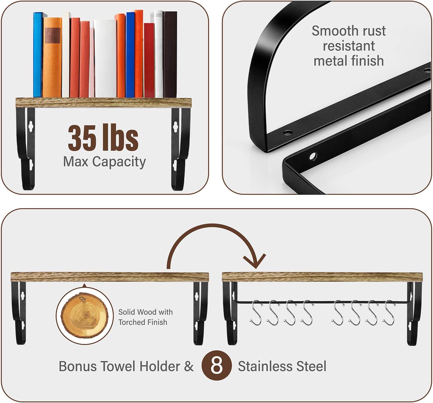 Set Shelf Mounted Wall Shelves Floating Lehom Of Hooks 8 And Bar Towel With Office And Room Living Kitchen Bedroom Bathroom For Decor Shelving Floating Shelves Storage Wall Wood Rustic 3 Floating