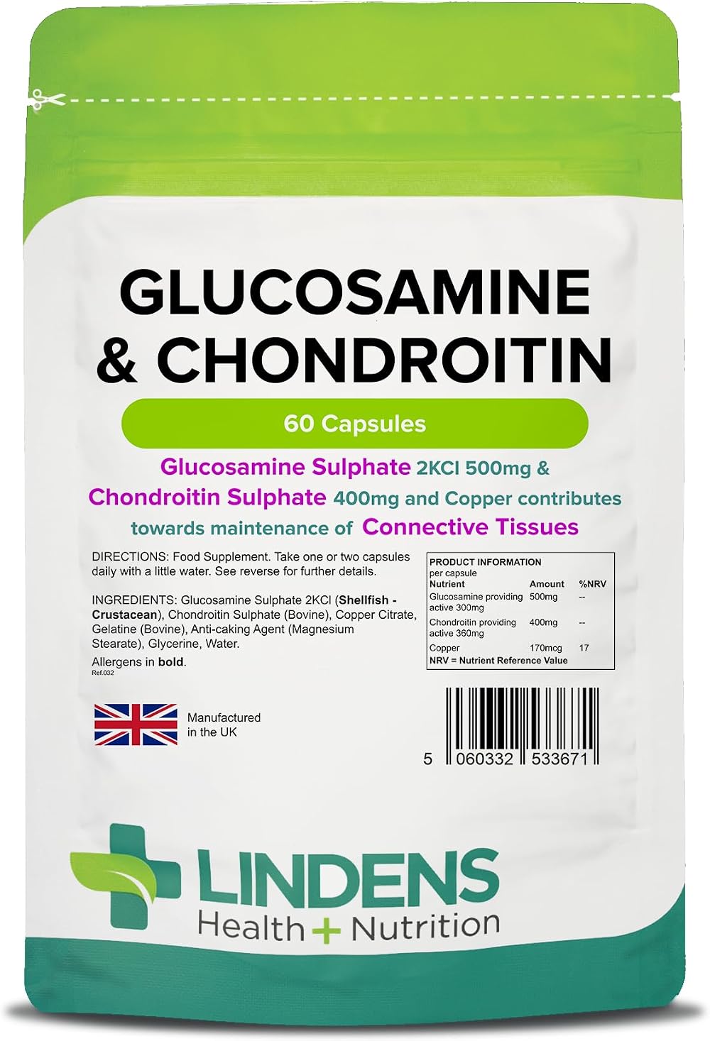 Lindens Glucosamine & Chondroitin 60 Capsules UK Made 500mg/400mg
