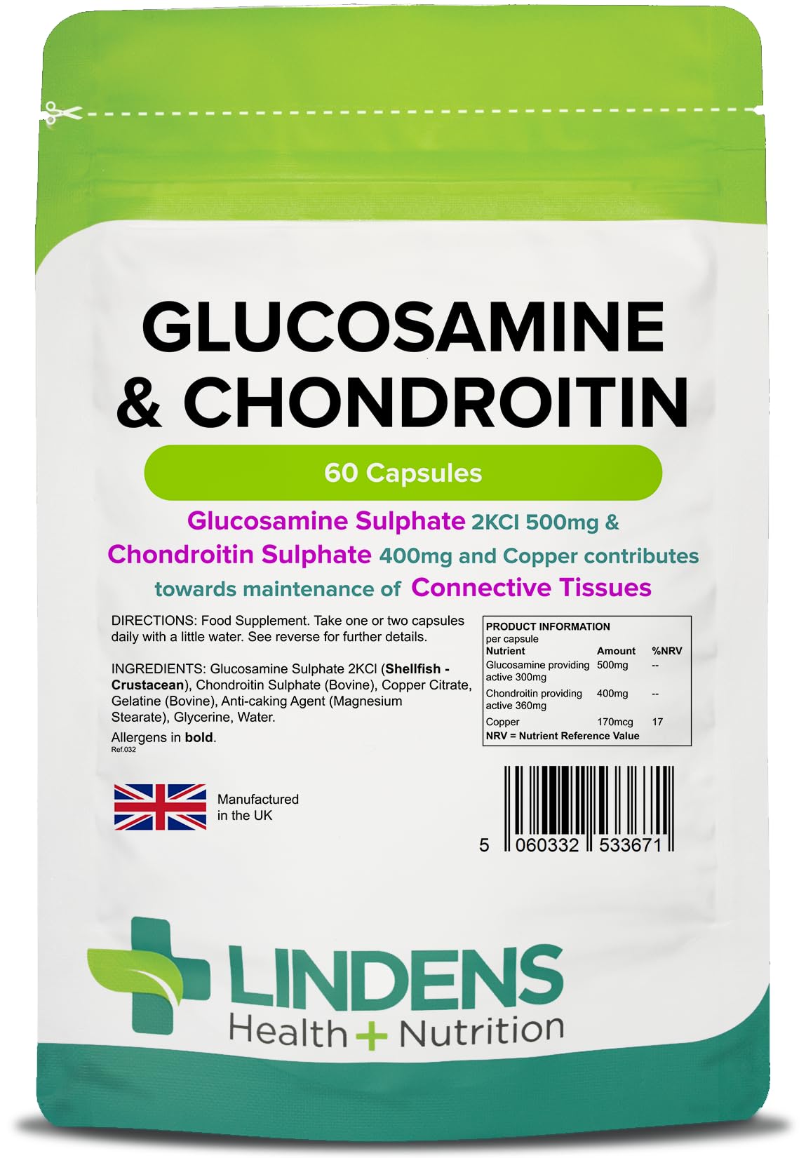 Lindens - Glucosamine & Chondroitin, 60 Capsules - UK Made - Glucosamine Sulphate 2KCl 500mg, Chondroitin 400mg with Copper - Connective Tissue & Joint Support, Letterbox Friendly