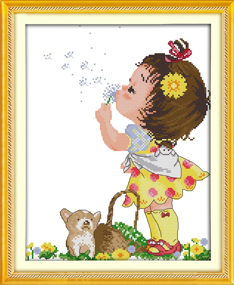 Awesocrafts Cross Stitch Kits, Dandelion Girl Easy Patterns Cross Stitching Embroidery Kit Supplies, Counted Options for Adults Beginners Kids Gifts (Girl, Counted)