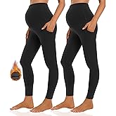 Foucome Women's Maternity Fleece Lined Leggings with Pockets Over The Belly Pregnancy Winter Warm Workout Yoga Pants