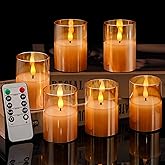 VIODAIM 6Pack Glass Flickering Flameless Candles with Remote, 2"X3" Real Wax Votive Candles Battery Operated, Small Electric LED Candles for Wedding Home Decor, w/4 Timers+2 Lighting Modes [Gold]
