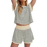 Kiluex Womens 2 Piece Summer Loungewear Sets Striped Short Sleeve Tops and Elastic Waist Shorts Lounge Outfits