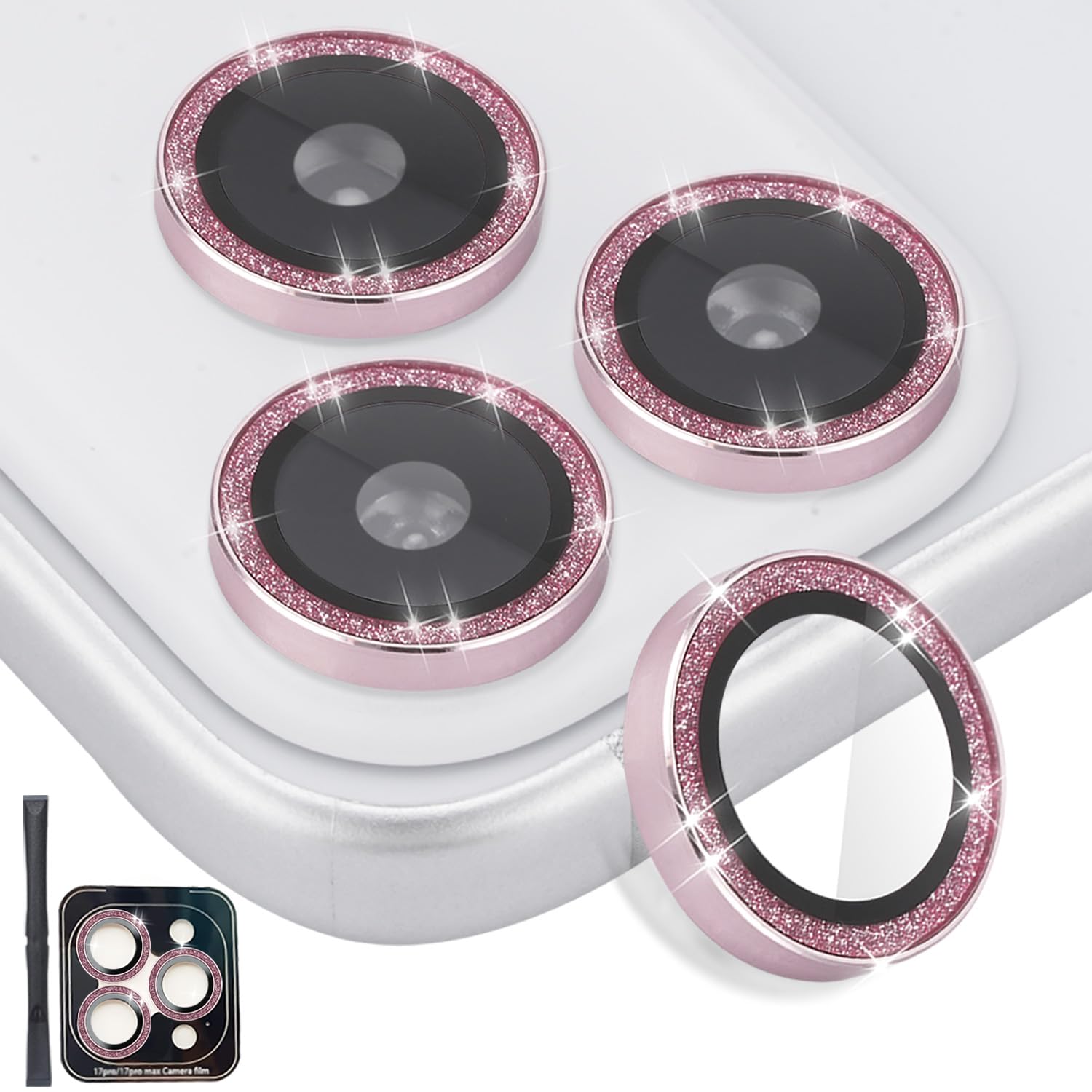 Rayorcon Camera Lens Protector for iPhone 17 Pro/17 Pro Max, Aluminum Alloy Tempered Glass Lens Protector with Installation Frame Fits for iPhone 17 Pro/17 Pro Max (Glitter Pink)