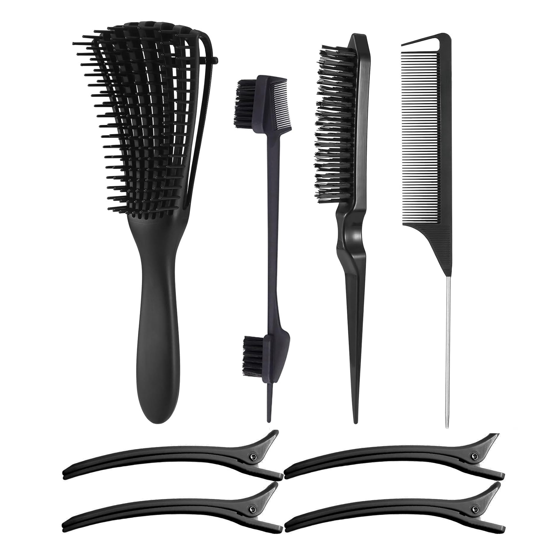 Daletu 4 Piece Hair Comb Set, Detangling Brush, Professional Hairdressing Combs, Detangling Tail Comb with Tip, Double Edge Brush Black