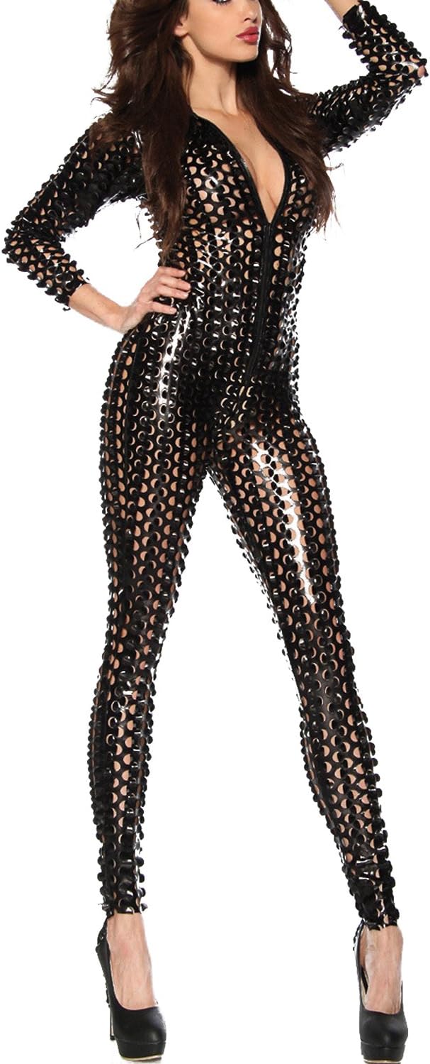 LHS Charmer One-Piece Scaly Jumpsuit Punk Metallic 3D Hollow Up Catsuit Plus Size Metallic Skinny Stretch Bodysuit