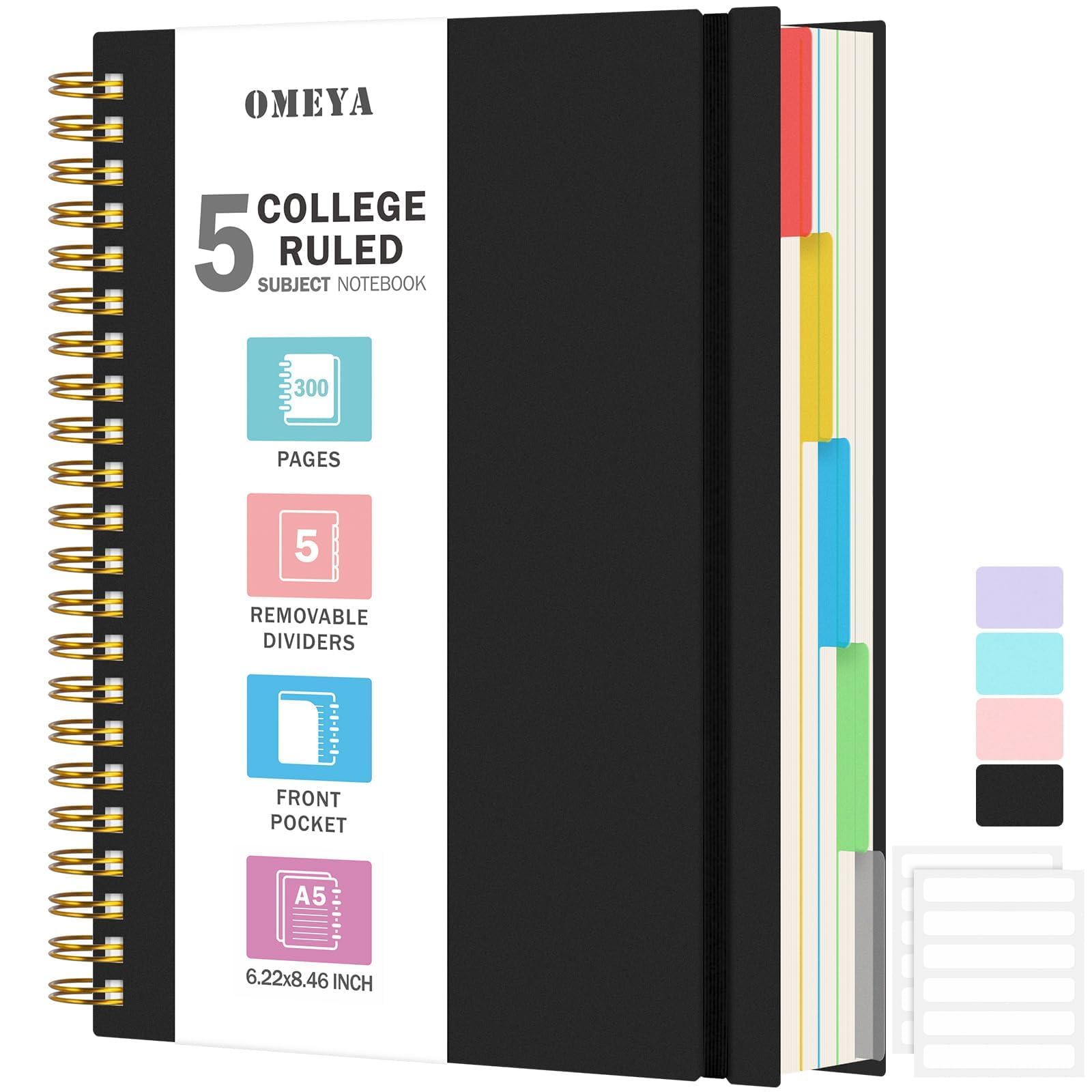 5 Subject Notebooks College Ruled, Spiral Lined Notebook with Removable Dividers, 300 Pages 100GSM Thick Spiral Writing Journal for Women & Men, Large A5 Notebooks for Work, School Supplies, 6" x 8"