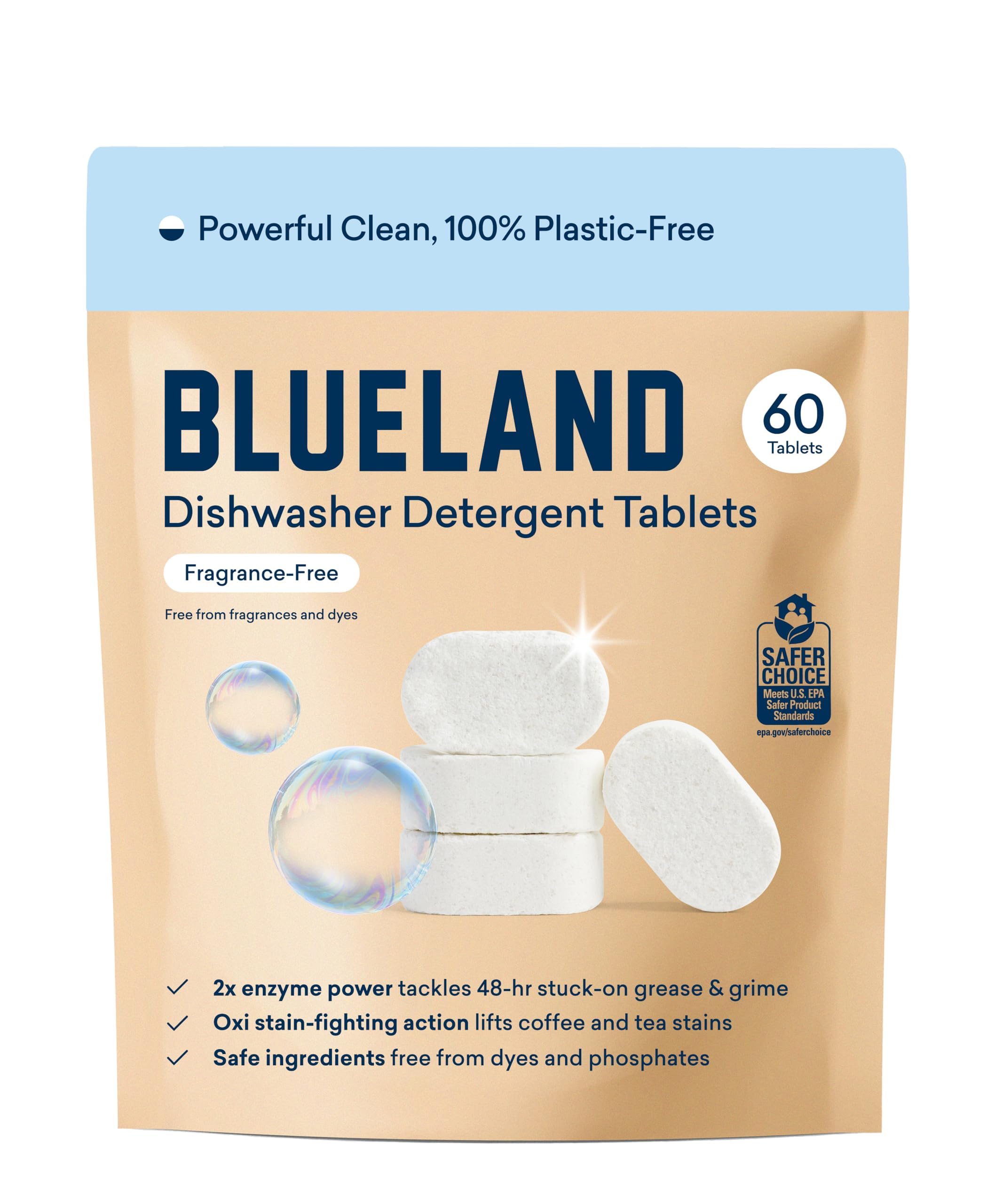 BLUELAND 100% Plastic-Free Dishwasher Detergent Tablets, 60 Count, Free & Clear, Eco-Friendly Dishwashing Pods, Natural, Sustainable