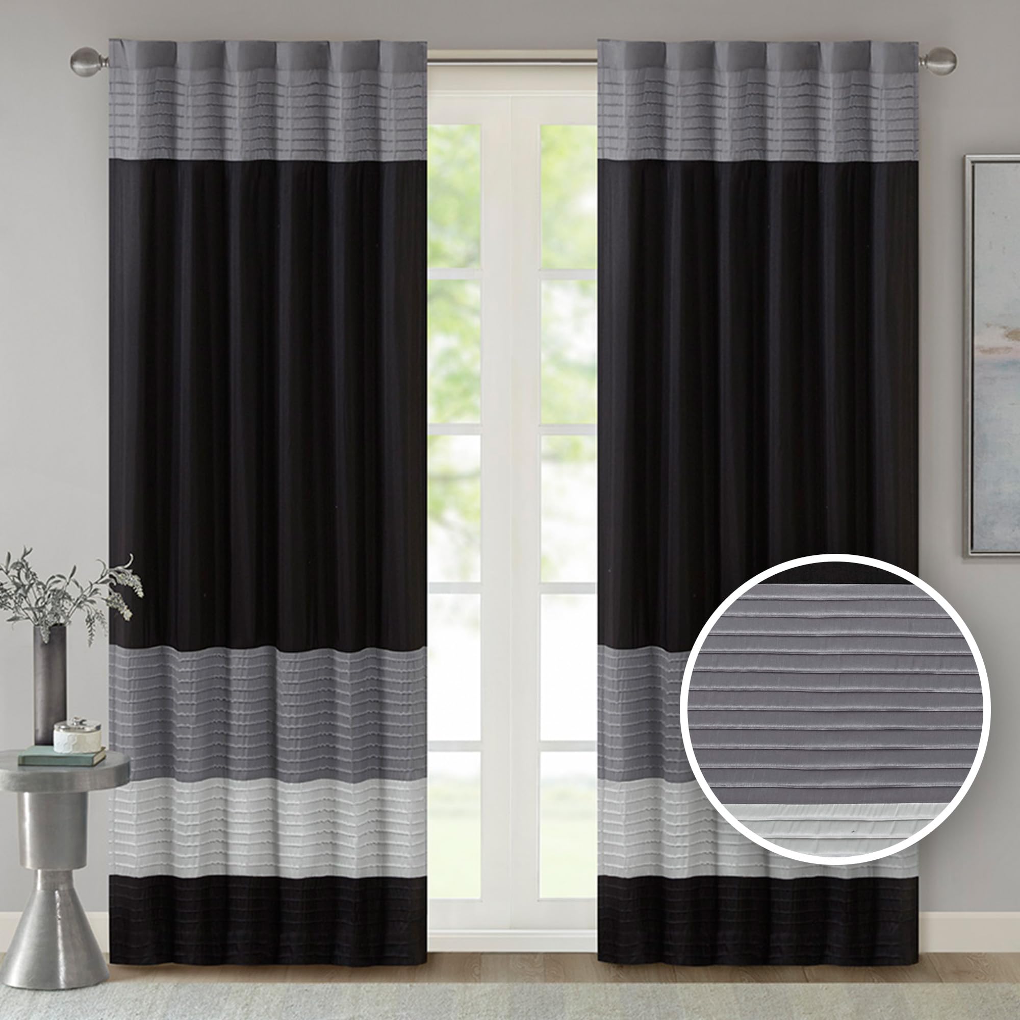 Madison Park Faux Silk Rod Pocket Curtain with Privacy Lining for Living Room, Window Drapes for Bedroom and Dorm, 100% Polyester, Black, 50x84