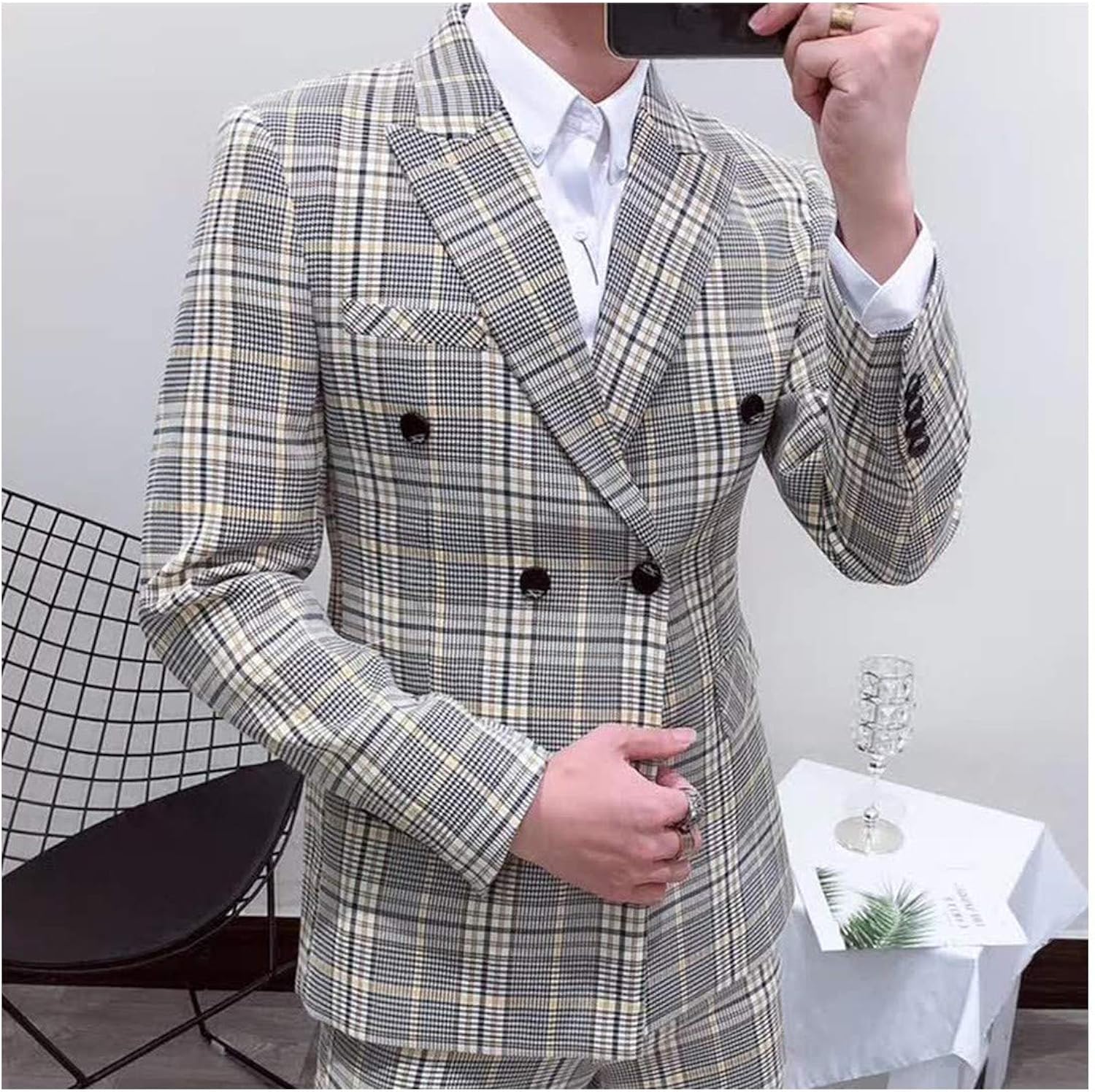Plaid Blazerss Men 2019 Fall Suit Checked Pattern Blazerss Men, Yellow