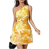 MakeMeChic Women's Summer Dress 2026 Tie Dye One Shoulder Mini Dress Pleated Cut Out Wedding Guest Dresses