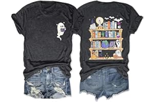 BEIDEFY Halloween Teacher Shirts for Women Ghost Reading Book T-Shirt Casual Fall Teacher Tee Tops