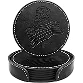 Coasters for Drinks, Wayzton Set of 6 Faux Leather Handmade Embossing Coasters with Holder Waterproof Round Cup Mat Pad for Home Office Bar Decor Housewarming Gifts