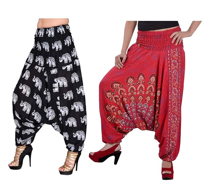 Women's Cotton Rayon Printed Afghani Harem Pants/Palazzo/Pyjama - Pack of 2 ( PT_06 , Multicolour , Free Size )