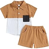 fhutpw Toddler Boy Patchwork Summer Outfits Short Sleeve Button Down Shirt Tops & Casual Shorts Sets Baby 2T 3T 4T 5T Clothes