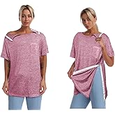 Post Shoulder Surgery Shirts for Women Unisex Snap Tear Away Shirt for Men Short Sleeve Chemo Port Access Adaptive Clothing