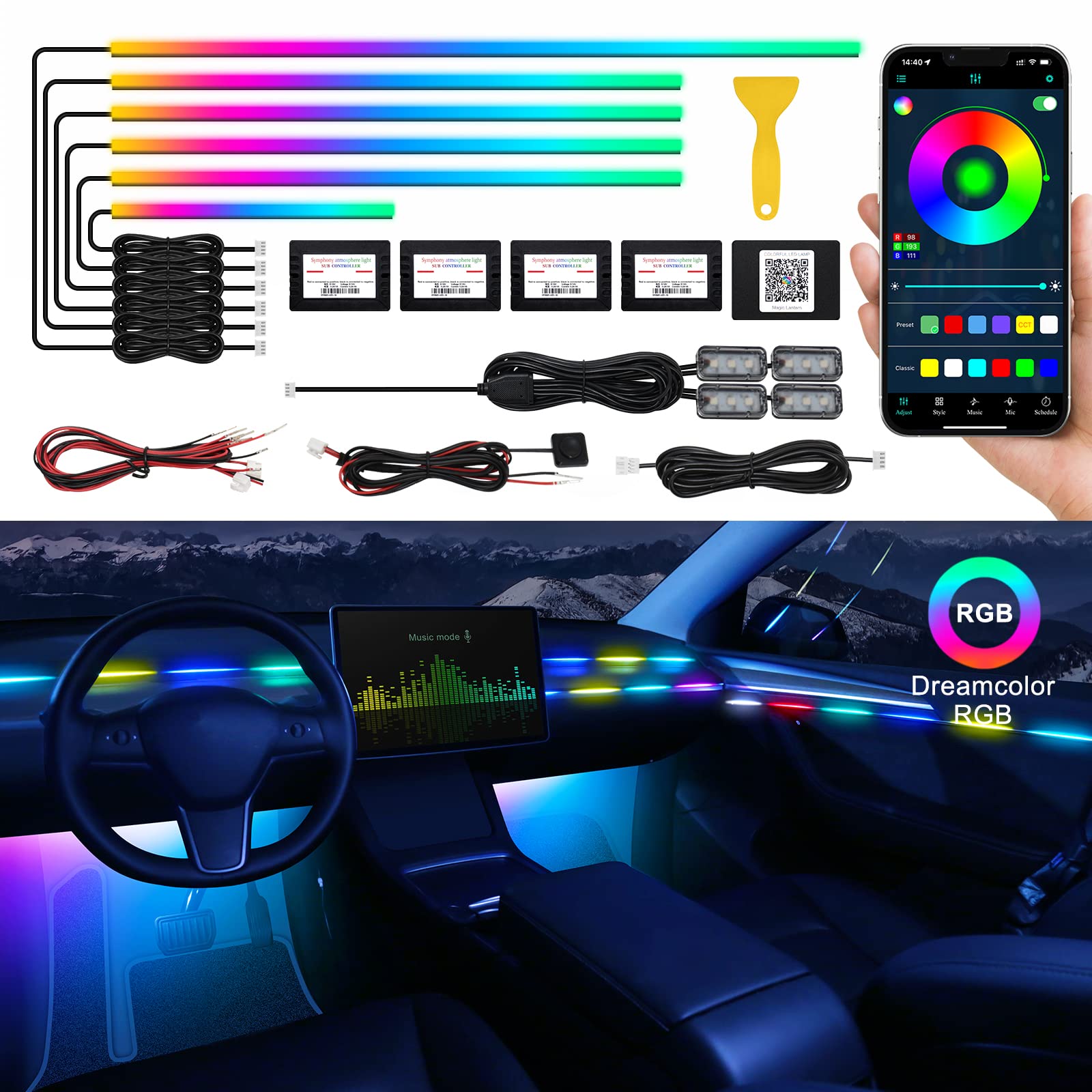 Photo 1 of Dreamcolor Acrylic Interior Car LED Strip Light with Wireless APP, RGB 10 in 1 with 175 inches 593 LEDs Fiber Optic Ambient Lighting Kits, 16 Million Colors Sound Active Function Car Neon Lights