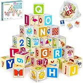 Wooden Blocks for Toddlers 1-3 - 26 Number ABC Baby Blocks 12-18 Months | Stacking Wooden Alphabet Blocks for Toddlers 3-5 - Learning Toys with Letters Numbers - Montessori Wooden Blocks for Kids