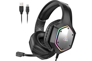 EKSA E1000 V2 Gaming Headset, PC Headset with USB C Plug, Wired Headphones with Noise Canceling Microphone, 7.1 Surround Sound, RGB Light, include USB Adapter for Computer,Mac, PS4/PS5 Console, Laptop