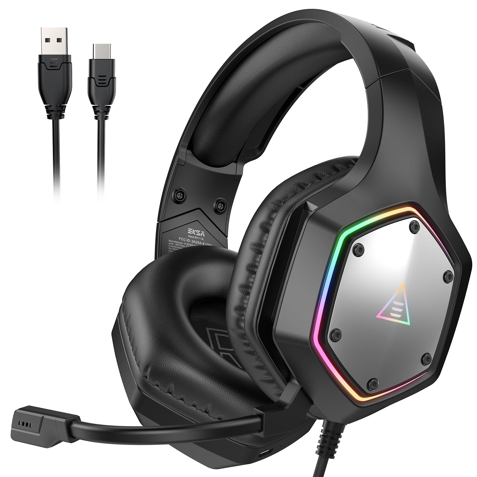 Photo 1 of EKSA E1000 V2 Gaming Headset, PC Headset with USB C Plug, Wired Headphones with Noise Canceling Microphone, 7.1 Surround Sound, RGB Light, include USB Adapter for Computer,Mac, PS4/PS5 Console, Laptop