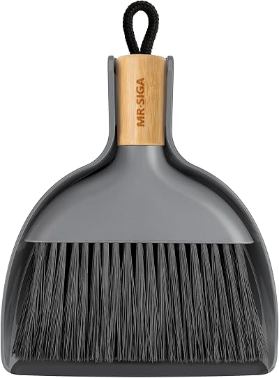 MR.SIGA Mini Dustpan and Brush Set Bamboo Handle Grey