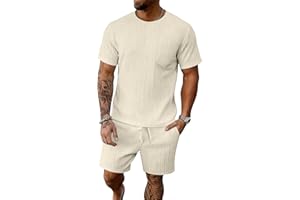 BEALIN Men's Summer Beach Outfits 2 Piece Vintage Short Sleeve T Shirts and Shorts Vacation Texture Sets for Men