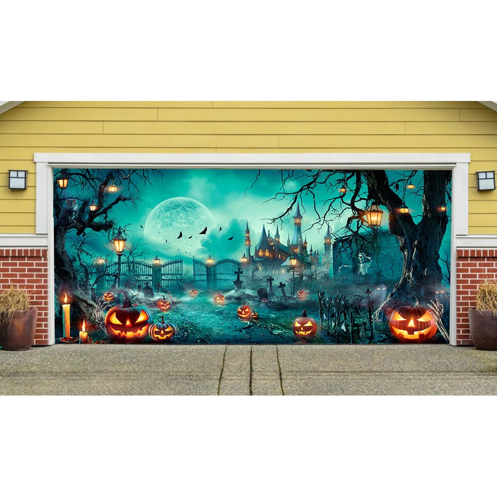 Photo 1 of FINGUOLA 7' H x 16'W Happy Halloween Garage Door Banner Mural, Scary Pumpkin Creepy Halloween Garage Door Banner Mural, Halloween Garage Door Decoration