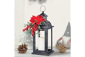 DECORKEY Christmas Decorations For Home, Decorative Christmas Lantern Indoor Outdoor Decor, Metal Hanging Candle Holder with Christmas Teardrop Wreath & LED Candle for Table Centerpieces, Patio, Porch