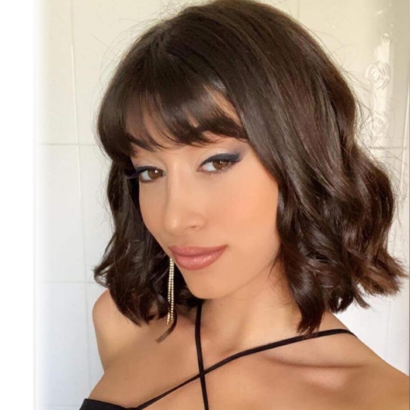 BUYOGET Wavy Bob Wig with Bangs Synthetic Hair Shoulder Length 12 Inch Short Curly Wigs for Women Natural Dark Brown — image 1