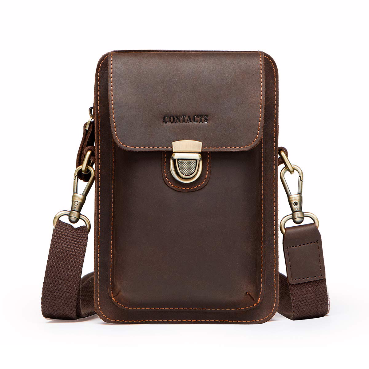 Contacts Men Leather Small Messenger Belt Bag Waist Pouch Wallet for Mobile Phone (Coffee)