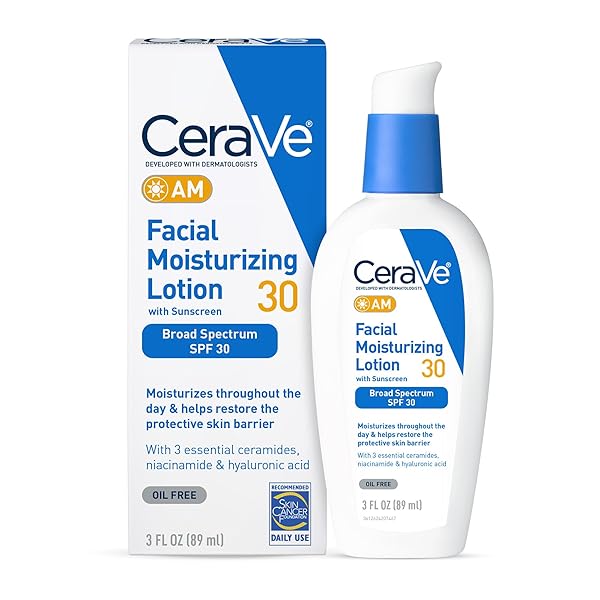 CERAVE AM FACIAL MOISTURIZING LOTION WITH SPF 30, OIL-FREE FACE MOISTURIZER WITH SPF, FORMULATED WITH HYALURONIC ACID, NIACINAMIDE & CERAMIDES, NON-COMEDOGENIC, BROAD SPECTRUM SUNSCREEN, 3 OUNCE
