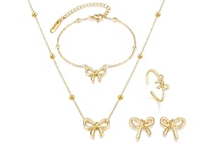 FRODETE Bow Necklace Earrings Bracelet Set Bow Jewelry Set for Women Bowknot Pendant Chain Necklace Ribbon Stud Earrings Coquette Stuff Accessories Christmas Gifts