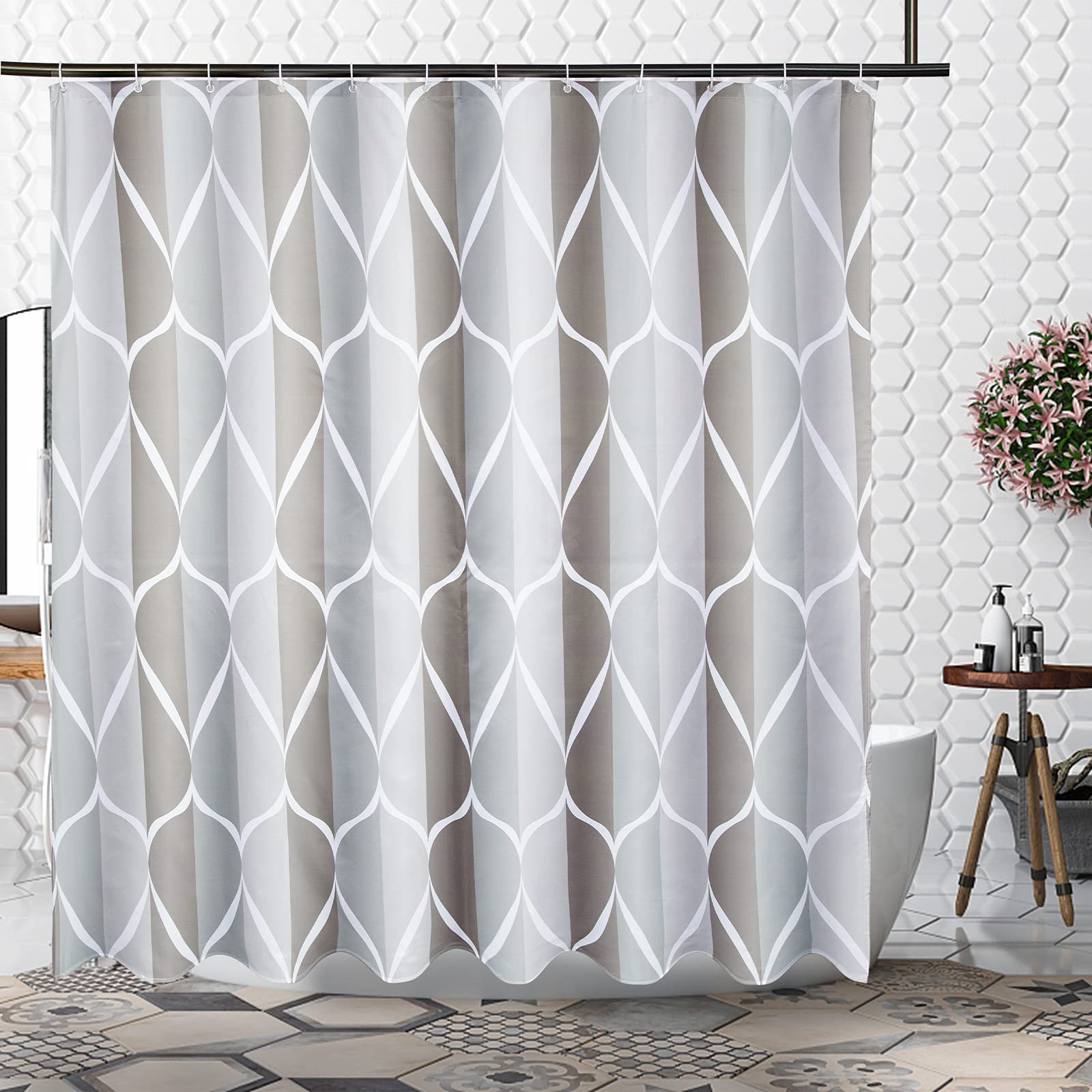 VIVILINEN Shower Curtain Waterproof and Mound &Mildew Resistant, with Weighted Hem Polyester Bathroom Curtains Grey 180x180cm (Include 12 Hooks)