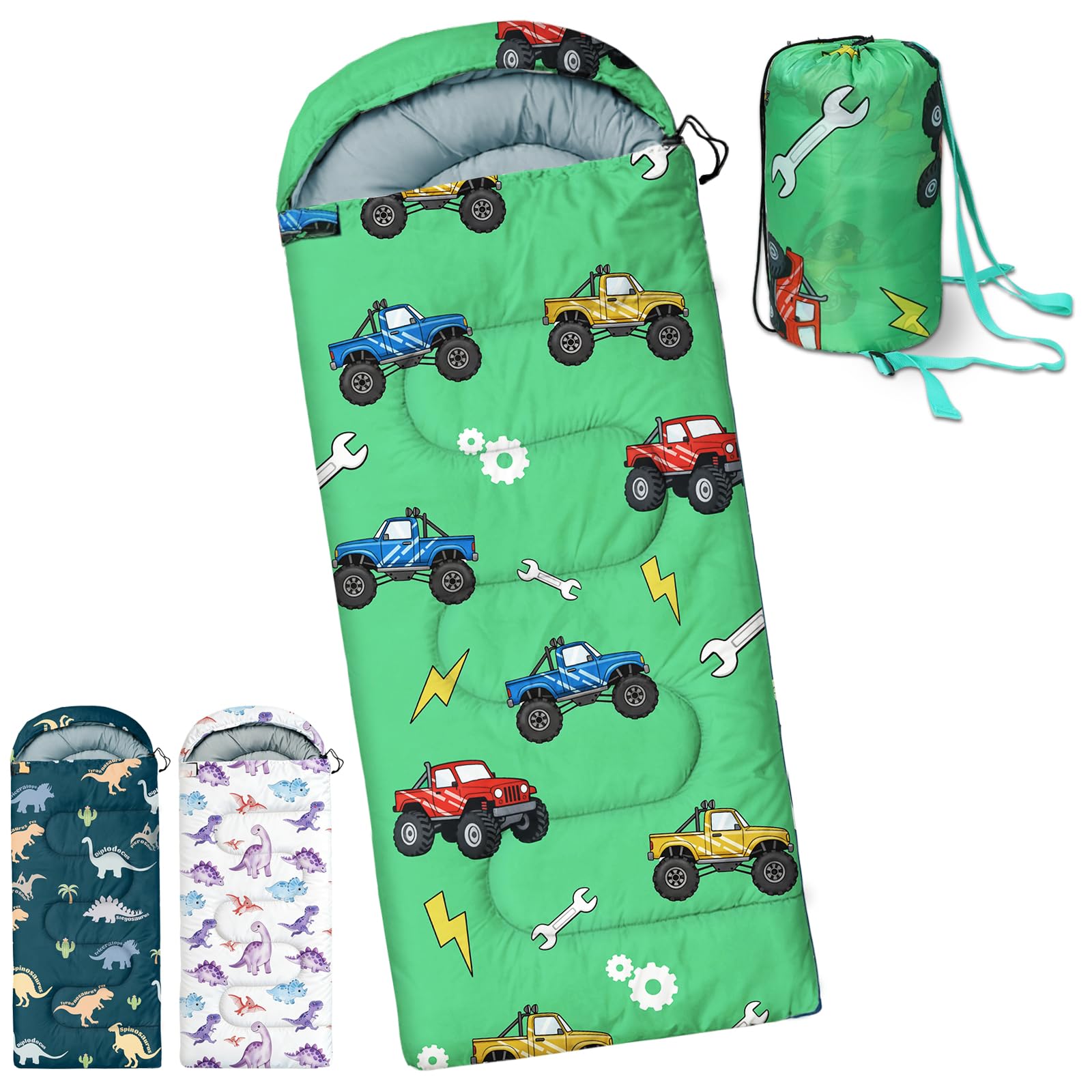 tuphen Kids Sleeping Bag - Camping Sleeping Bags for Kids Boys Girls - Sleeping Bag for Backpacking Hiking Cold Warm Weather 3 Seasons, Compact Camping Essentials Gear Accessories (Green Truck) Image
