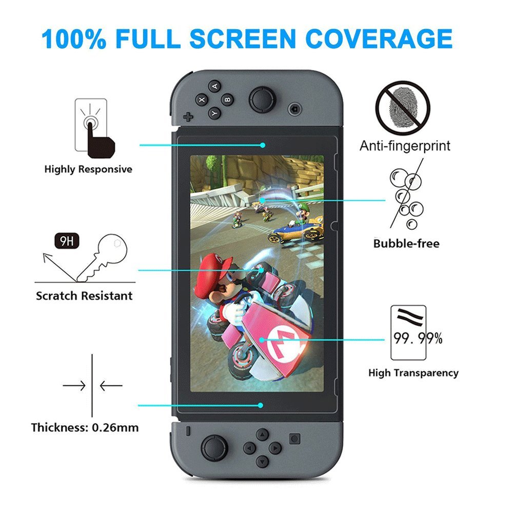 Vorida Case Compatible for Nintendo Switch, Crystal Case Hard Back Clear Cover Anti-Scratch & Shock-Absorption 9H Tempered Glass Screen Protector + Joy Con Grip Caps (Grey)