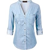 MixMatchy Women's Casual Basic Roll Up Sleeve Denim Chambray V-Neck Tencel Button Down Shirt