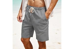 Men's Linen Shorts Casual Elastic Waist Drawstring Summer Beach Shorts