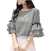 SweatyRocks Women's Ruffle Half Sleeve Round Neck Plaid Blouses Bowknot Summer Tops