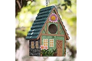 MINWOLF Cottage-Style Hanging Birdhouse with Flower Accents – Hand-Painted Resin Decorative Bird House for Outdoors, Weather-Resistant Garden Decor for Small Birds